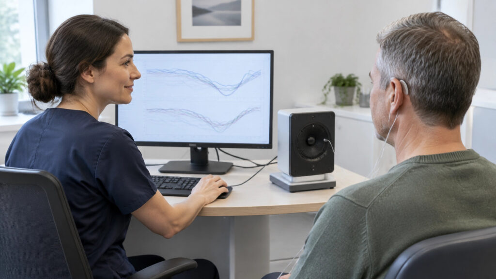 Audiologist reviewing real ear measurement results with a patient Audiologist reviewing real ear measurement results with a patient