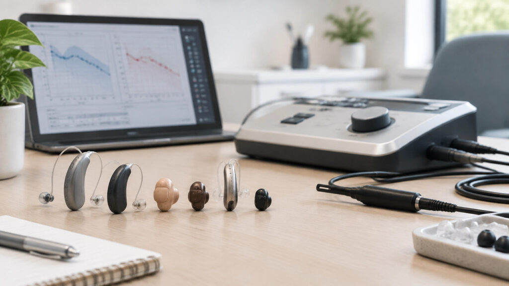 Modern hearing aids and audiology equipment arranged in an independent clinic Modern hearing aids and audiology equipment arranged in an independent clinic